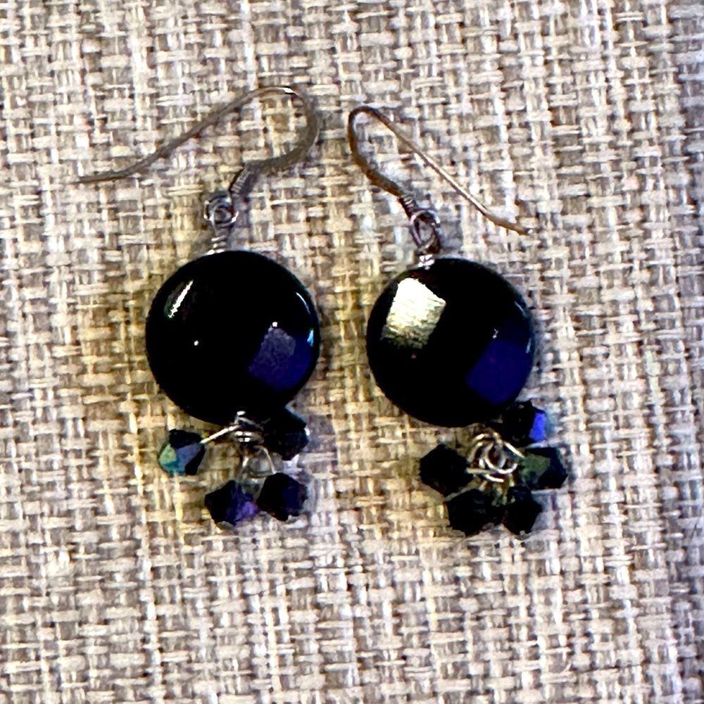 Gorgeous Authentic Round Onyx Stone Earrings With Dangling Glistening Beads.